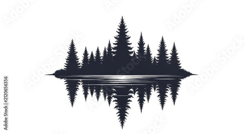 Minimalist Black Silhouette of Pine Trees Reflected in Water with White Background