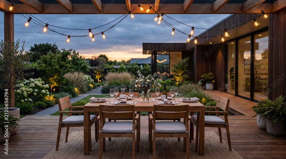 Obraz premium Outdoor dining table on a wooden deck. Evening patio setup with glowing string lights.