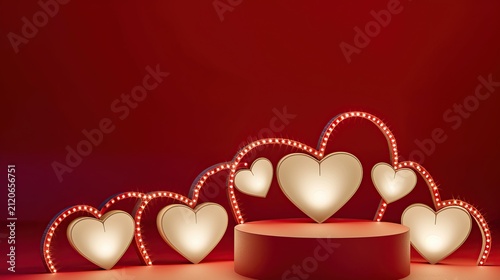 Romantic Valentine's Day stage display with glowing golden hearts arranged on a red pedestal