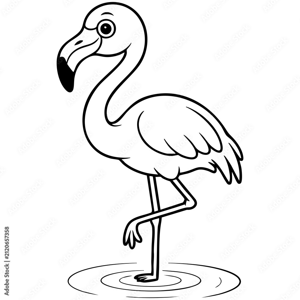 Fototapeta premium Cartoon Flamingo Standing In Water With Curved Neck And Ripple Details Isolated on a Transparent or White Background