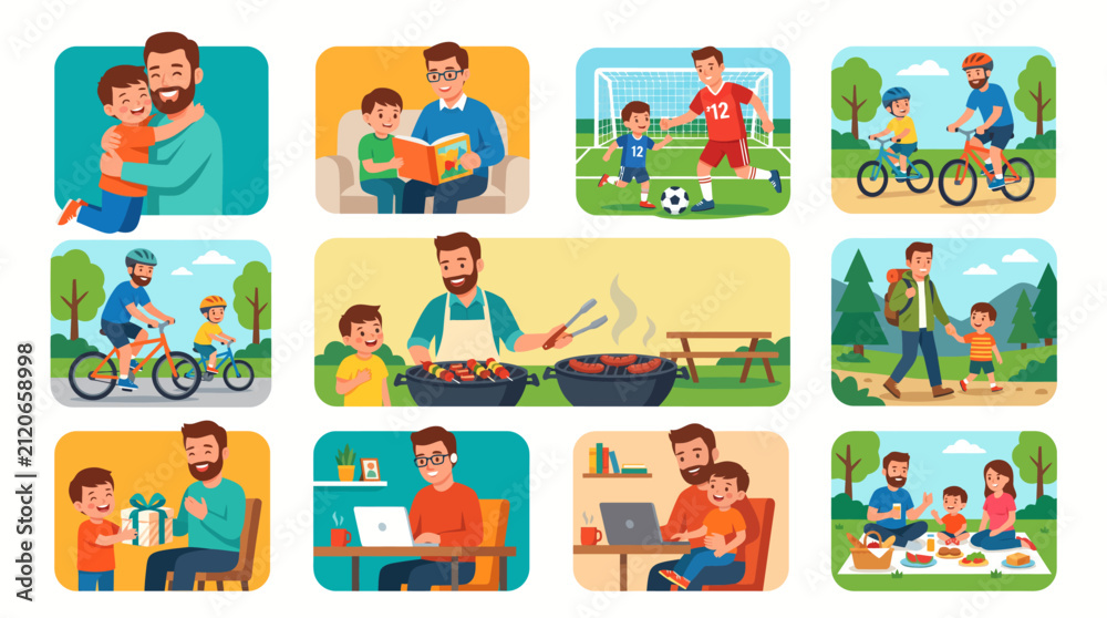 Fototapeta premium Vibrant illustrations capturing father-child bonding. Dads and children enjoy diverse activities, celebrating love, learning, and outdoor adventures