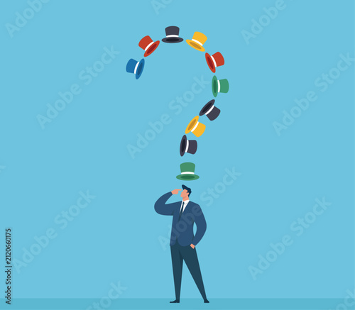 businessman choosing job roles with colorful hats question mark, career decision, wearing many hats, job role choices, multitasking skill, problem solving