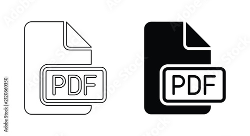 Bild auf Leinwand PDF Document Icon: A simple and clear representation of a PDF document, shown in both outline and solid fill styles