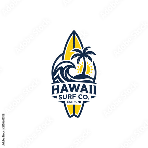 Canvas Print Surfboard with Tropical Island and Wave Emblem