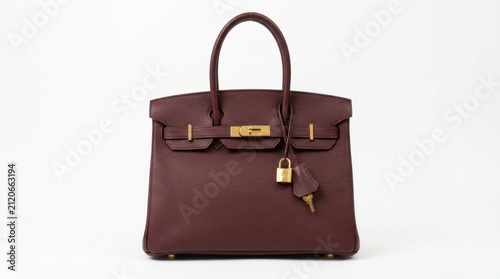 Luxury dark red leather handbag with gold hardware isolated on white background
