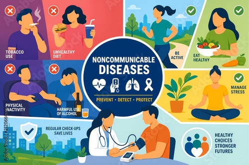Noncommunicable Diseases Prevention Medical Infographic, Chronic Illness Risk Factors and Healthy Lifestyle Illustration