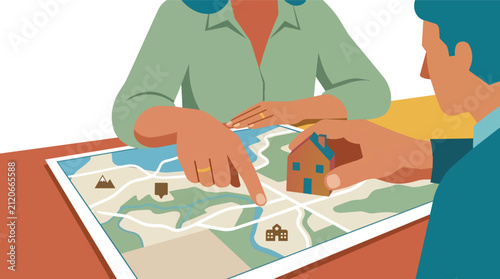 Property investment planning with topographic map and house model flat vector illustration for real estate agency services