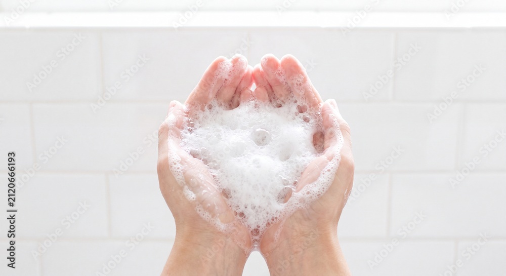 Fototapeta premium Close-up commercial photograph of cupped hands holding rich white soap lather and bubbles, minimalist bright bathroom setting, white tile background, clean airy high-key lighting, high resolution.