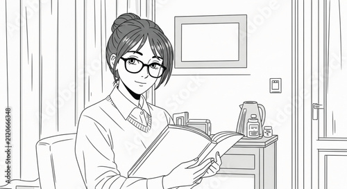 Black and White Flat Cartoon Illustration of a Young Woman with Glasses and Bun