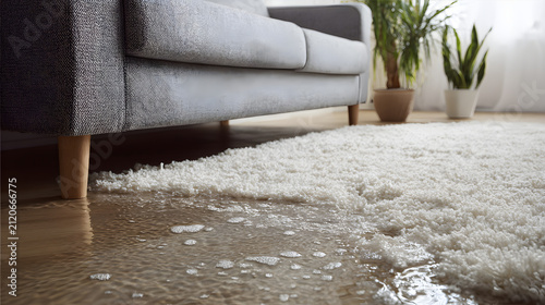 The need for restoration is evident in indoor water damage and the need for carpet edges and hardwood floors with standing water near the sofa.