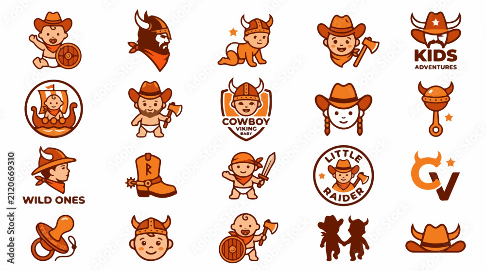 Fototapeta premium Cartoon Cowboy and Viking Themed Baby Adventurer Logo Collection