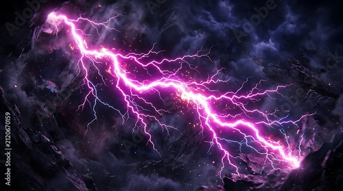 Dramatic purple lightning bolt striking through dark stormy clouds and rocky canyon landscape