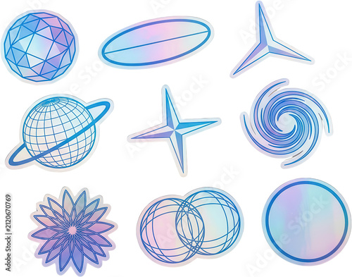 A collection of various holographic celestial and geometric shapes including planetary globes stars spheres flower motifs and swirling galaxy patterns rendered in iridescent blue and purple
