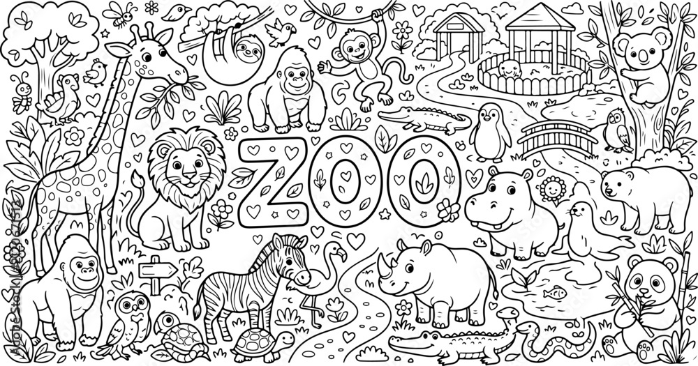 Naklejka premium Cartoon-Umrisse von Zootieren, handgezeichnete Linienkunst-Illustration, Doodle-Kunst-Malvorlage für Kinder