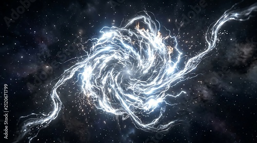 Abstract Glowing Blue Energy Vortex Swirling in Deep Space with Lightning Sparks and Cosmic Nebula