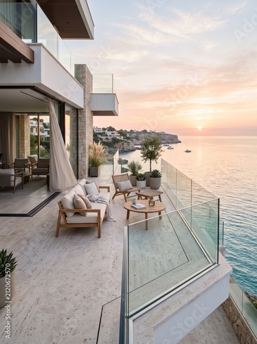 Luxurious oceanfront terrace with modern outdoor seating at sunset