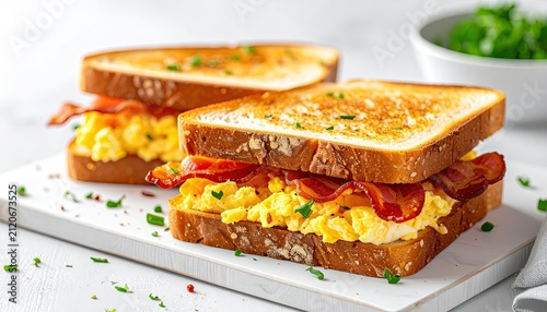 Golden Toasted Bread Scrambled Egg Bacon Sandwich on Plate