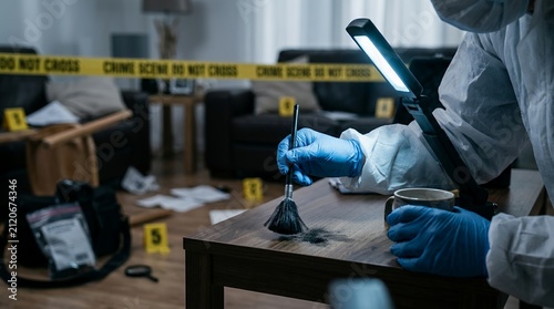 Forensic investigator examining evidence at a crime scene with yellow caution tape.