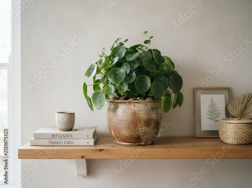 Pilea Peperomioides plant in a rustic pot on a wooden shelf with decor.