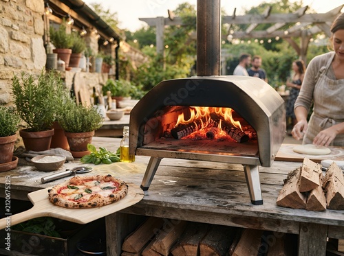 Outdoor pizza oven with a freshly baked pizza on a wooden peel and a woman preparing dough in the background.