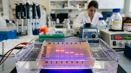 Scientist working in a laboratory with DNA gel electrophoresis equipment.