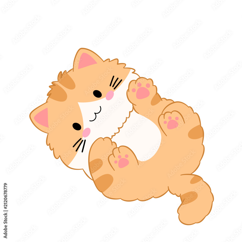 Obraz premium Orange tabby cat rolling on back vector illustration. Playful kitten character clipart isolated.