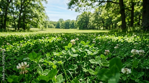 Vibrant green clover field with blooming white flowers and lush trees in the background on a sunny day.