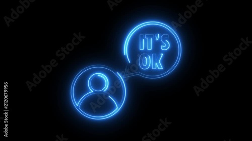 Neon blue speech bubble icon with its ok text animation appearing on dark black background.