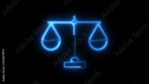 Neon blue law scale icon glowing with animation isolated on black background video clip.