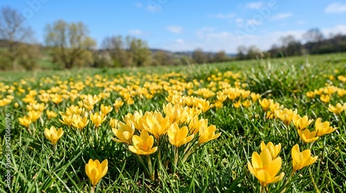 Vibrant yellow crocuses bloom in a sunlit meadow under a clear blue sky.