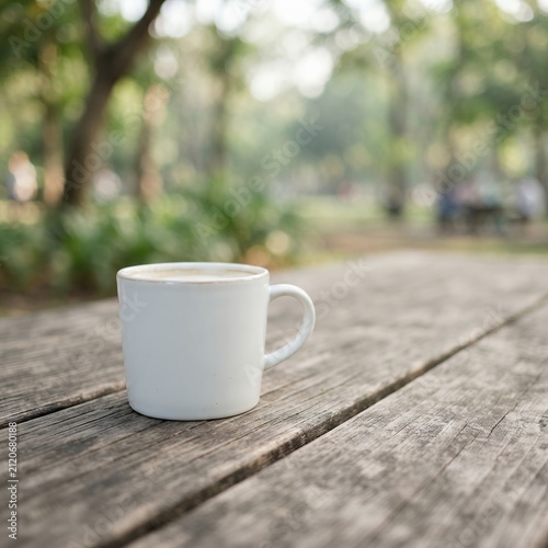 White coffee mug on a rustic wooden table outdoors with blurred trees in the background.
