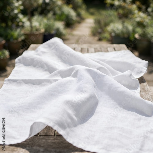 White Linen Fabric Draped on a Rustic Wooden Table Outdoors.