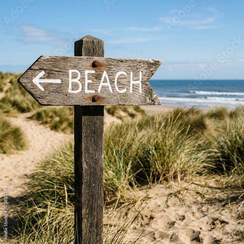 Wooden Beach Signpost on Sandy Dune Leading to Ocean.