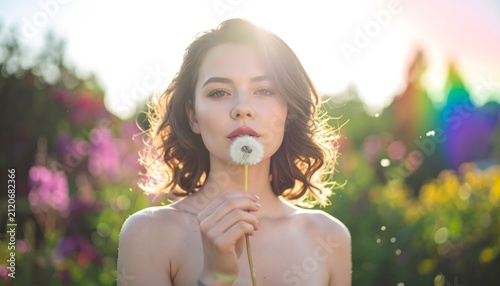 Young Woman Holding Dandelion Puff in Soft Natural Sunlight