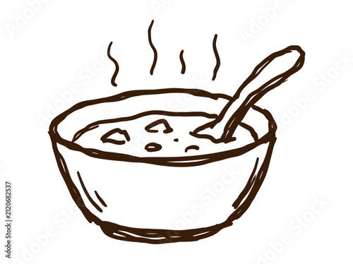 Hand-drawn sketch of a steaming hot bowl of delicious soup with a spoon, capturing the essence of comfort food and warmth in a simple, rustic style illustration