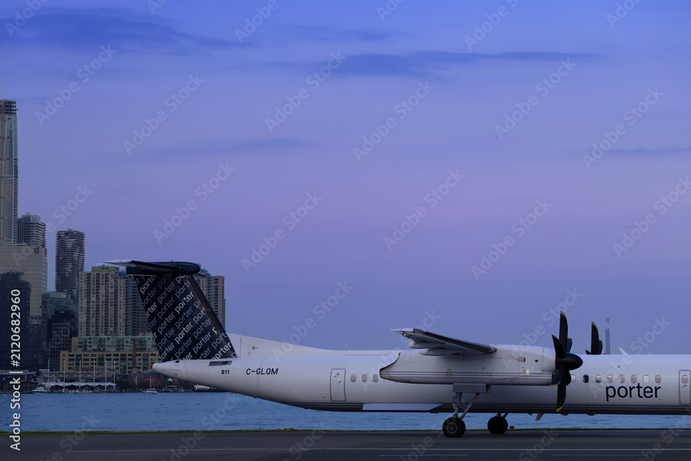 Fototapeta premium Toronto, Canada, August 1, 2026: Billy Bishop Toronto City Airport located on Toronto Islands. Porter Airlines