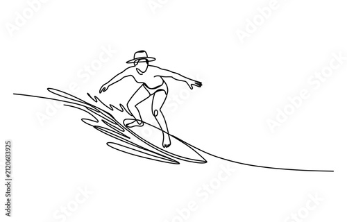 Photography Continuous single line drawing of a surfer riding a wave on a surfboard