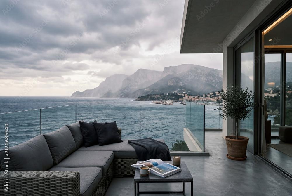 Obraz premium Modern outdoor balcony with grey seating overlooking the stormy sea and mountains