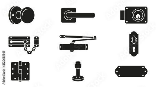 Door hardware and security locks black icons set.