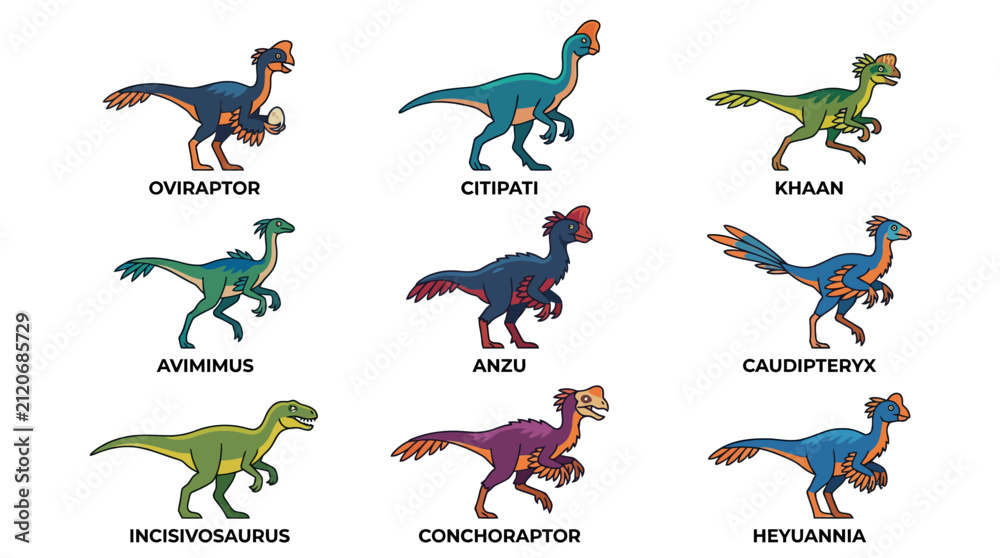 Fototapeta premium Educational raptor dinosaur illustrations including Oviraptor and Citipati species.