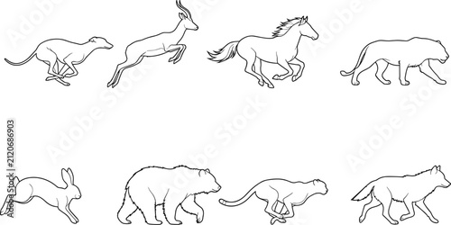 Canvas Print Line art silhouettes of wild animals in dynamic motion including running, leapin