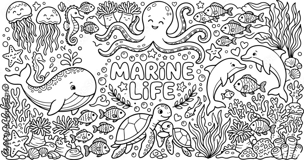 Fototapeta premium Vita marina acquario cartone animato contorno disegnato a mano Line Art illustrazione doodle art pagina da colorare per bambini