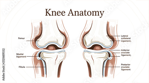 Obraz na plátně Knee Anatomy Medical Diagram Showing Femur, Tibia, Fibula, Meniscus, Cruciate Li