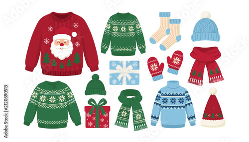 Foto Christmas ugly sweater winter clothes vector illustration set featuring cozy kni