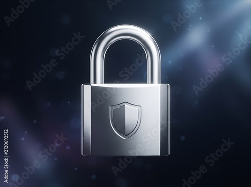 Silver padlock with shield emblem symbolizing security and protection against digital threats.