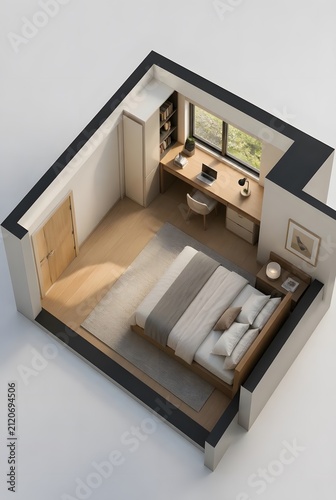 Bedroom Interior Design Perspective Cutaway Showing Double Bed and Computer Desk Setup