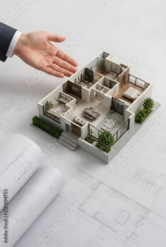 Businessman Hand Gesturing Towards Modern House Architectural Model on Blueprints