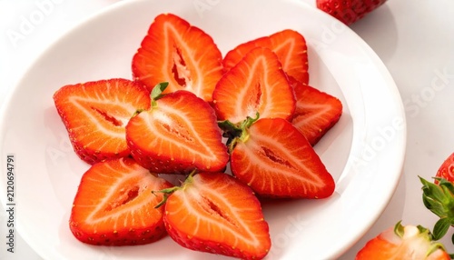 Fresh Sliced Red Strawberries on a White Plate.