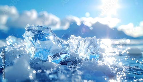 Glittering Ice Crystals Reflecting Bright Sunlight on a Frozen Lake Surface.