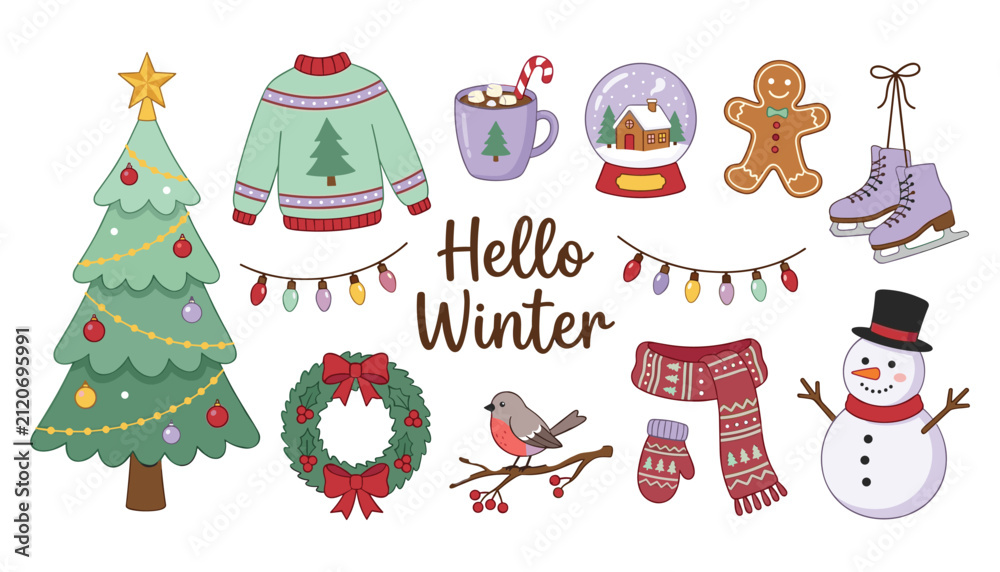 Fototapeta premium Cute Christmas and winter vector collection featuring tree snowman gingerbread man sweater wreath and hot cocoa on white background